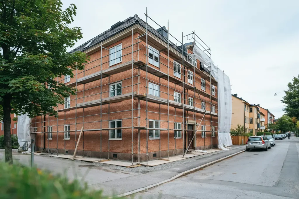 v derskydd och st llningsmontage vid fasadrenovering i h gersten